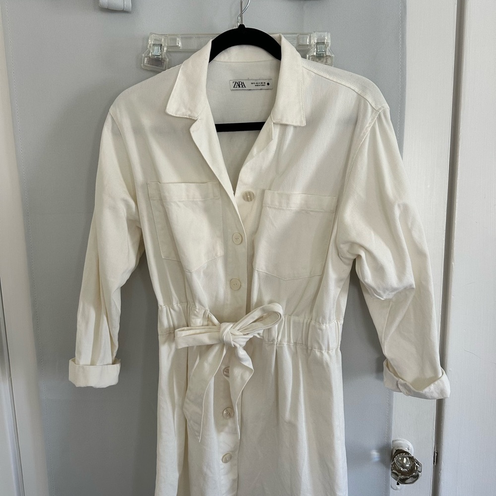 Zara Off-White Belted Shirt Dress